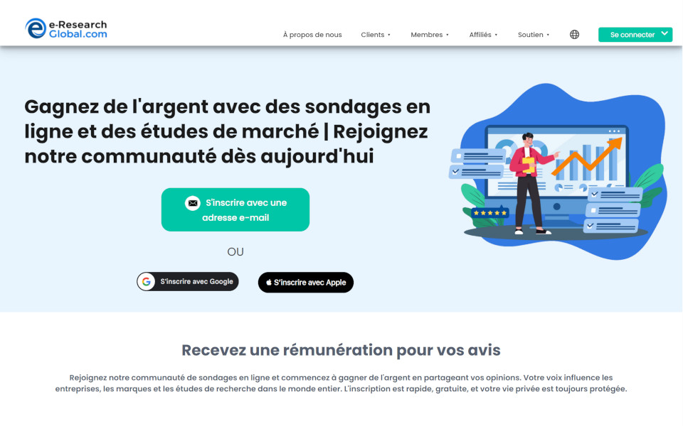 Rejoignez le panel de sondages de e-Research-Global.com rémunéré par les consommateurs et gagnez de l'argent. Les membres pourraient participer à des sondages en ligne rémunéré (questionnaires en ligne), des groupes de discussion en ligne et des tests de nouveaux produits pour de l'argent. Pour un sondage complété, vous serez rémunéré avec de l'argent comme récompense.