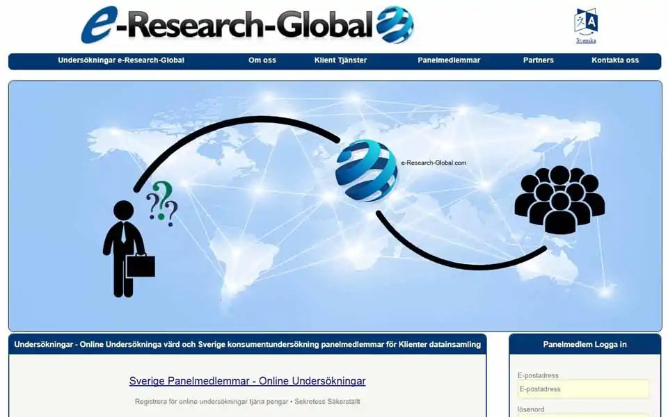 Gå med i e-Research-Global.com Konsument Betalda enkäter Panel och tjäna pengar. Medlemmar kan delta i betalda online-undersökningar (online-enkäter), online fokusgrupper och nya produkttester för pengarna. För en färdig undersökning, kommer du att betalas med pengar som belöning.