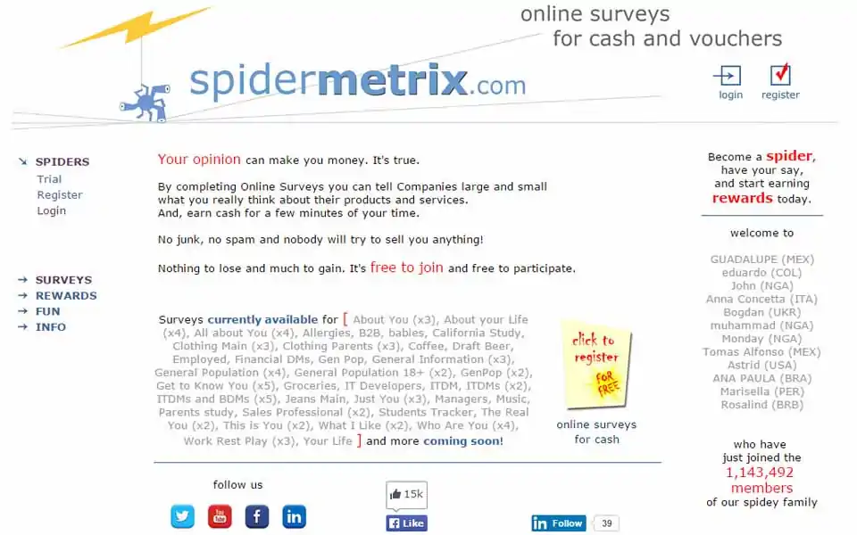 Na kratko rečeno, zaslužite 20 spider točk za vsako izpolnjeno anketo. Tukaj so še testi, poskusne ankete, hitre ankete in redne ankete, ki Vam prinesejo točke v razponu 1 do 10.