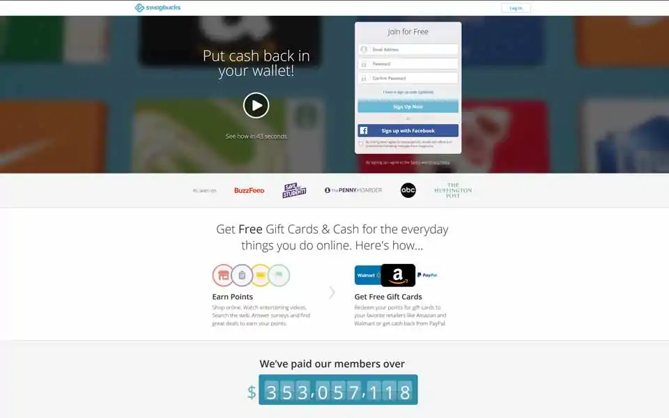 Το Swagbucks.com είναι το πιο δημοφιλές πρόγραμμα ανταμοιβών του διαδικτύου που σας δίνει δωρεάν δωροκάρτες και μετρητά για τα καθημερινά πράγματα που κάνετε ήδη διαδικτυακά. Κερδίστε πόντους όταν ψωνίζετε από τα αγαπημένα σας καταστήματα λιανικής πώλησης, παρακολουθείστε ψυχαγωγικά βίντεο, ψάξτε στο διαδίκτυο, απαντήστε σε έρευνες και βρείτε καταπληκτικές προσφορές.