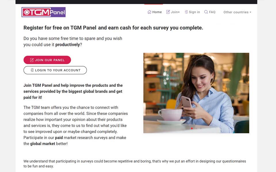 Mendaftar secara percuma dalam TGM Panel dan dapatkan wang tunai untuk setiap survey yang lengkap. Mendaftar secara percuma dalam TGM Panel dan dapatkan wang tunai untuk setiap survey yang lengkap.