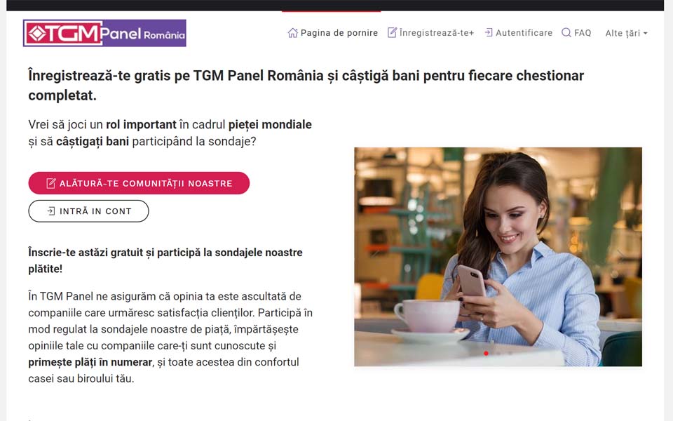 Înregistrează-te gratis pe TGM Panel România și câștigă bani pentru fiecare chestionar completat. Înregistrează-te gratis pe TGM Panel România și câștigă bani pentru fiecare chestionar completat.
