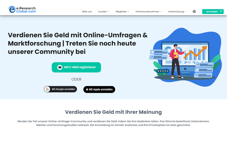 Treten Sie dem e-Research-Global.com bezahlte Umfragen Panel bei und verdienen Sie Geld. Mitglieder nehmen an bezahlten Online Umfragen ( Online Fragebögen), Online Fokusgruppen und neuen Produkttest für Geld teil. Für eine beendete Umfrage bekommen Sie Geld als Belohnung.