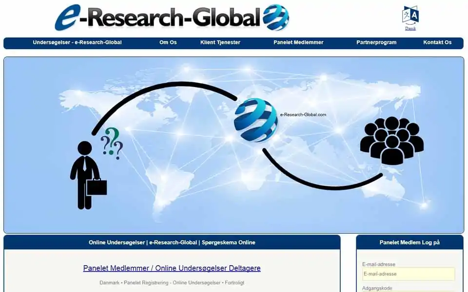 Deltag i e-Research-Global.com Forbrugerporteføljer Betalt Undersøgelser Panel og tjene penge. Medlemmerne kan deltage i betalte online undersøgelser (online spørgeskemaer), online fokusgrupper og nyt produkt test for pengene. For en gennemført undersøgelse, vil du blive betalt med penge som en belønning.