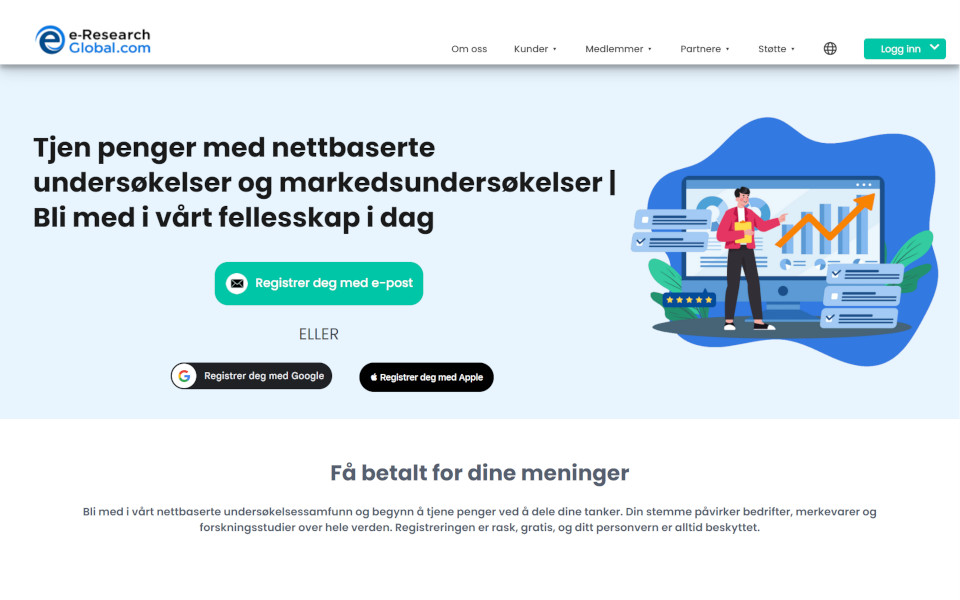 Bli med e-Research-Global.com forbruker Paid Surveys Panel og tjene penger. Medlemmer kan delta i betalte spørreundersøkelser (online spørreskjemaer), online fokusgrupper og teste nye produkter for pengene. For en fullført undersøkelsen, vil du bli betalt med penger som belønning.
