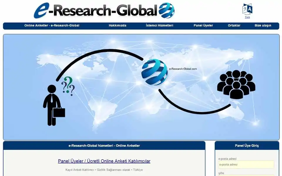 E-Research-Global.com' un Tüketici Ücretli Anket Paneline katılın ve para kazanın. Üyeler internet üzerinden ücretli anketlere, odak qruplarına ve para için yeni ürün testine ödeme yapa bilirler. Tamamlanmış anket için size ödül olarak para ödenilecekdir.