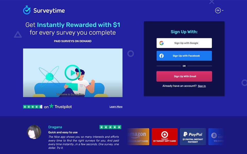 Surveytime – Get Instantly Rewarded with $1 for every survey you complete