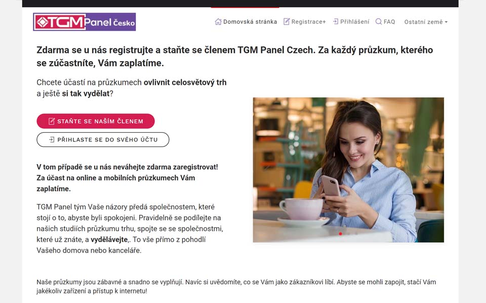 Zdarma se u nás registrujte a staňte se členem TGM Panel Czech. Za každý průzkum, kterého se zúčastníte, Vám zaplatíme. Zdarma se u nás registrujte a staňte se členem TGM Panel Czech. Za každý průzkum, kterého se zúčastníte, Vám zaplatíme.