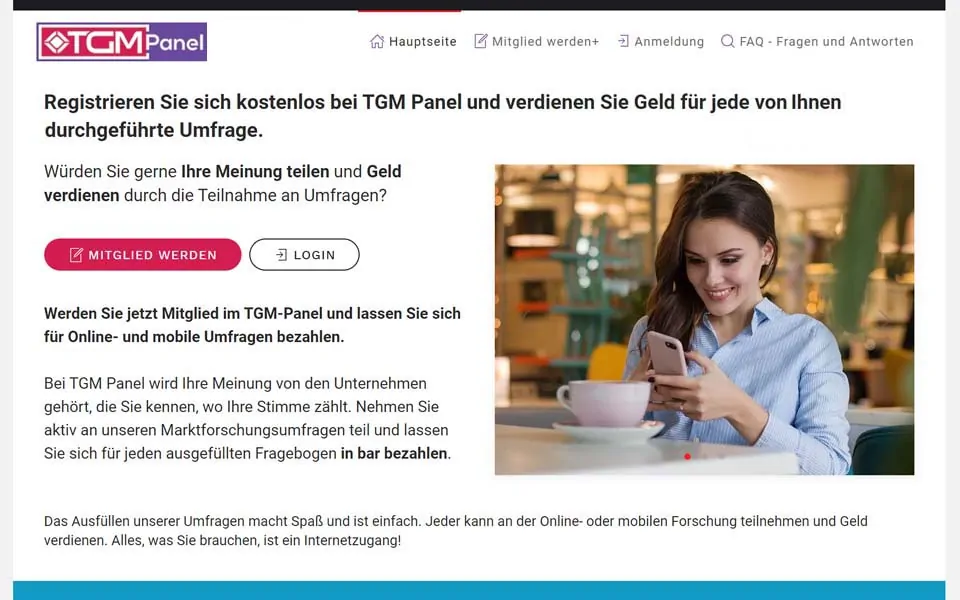 Werden Sie jetzt Mitglied im TGM-Panel und lassen Sie sich für Online- und mobile Umfragen bezahlen.