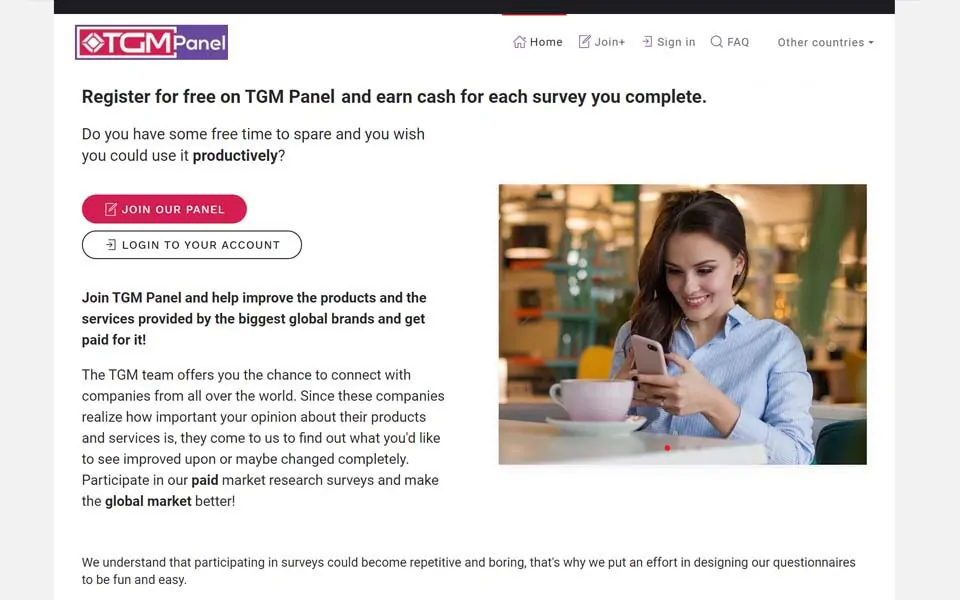 TGM पैनल पर निःशुल्क रजिस्टर करें और आपके द्वारा पूर्ण किए गए प्रत्येक सर्वेक्षण के लिए नकद अर्जित करें।