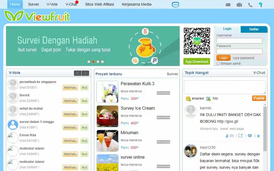 Situs survey ViewFruit sama dengan situs-situs survey lainnya yang membayar anggotanya setiap kali mereka selesai mengisi survey. Kita akan dibayar dengan sejumlah POIN setiap kali selesai mengisi survey, dan setiap satu survey dihargai 100 sampai dengan 500 poin dengan nilai 500 poin sama dengan 1 USD. Dan kita bisa minta pembayaran POIN tersebut ke rekening PAYPAL kita jika kita sudah memiliki minimal 1500 POIN (3 USD).