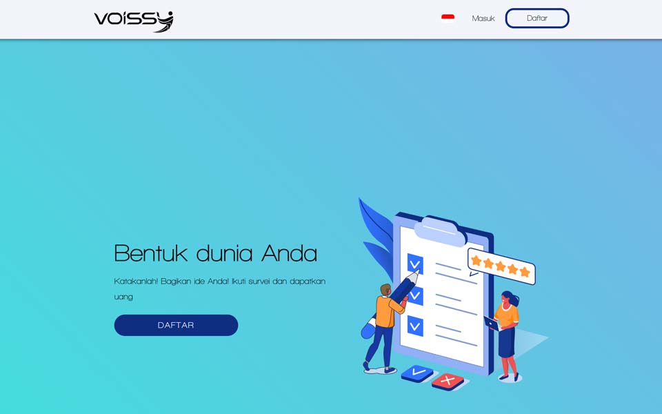 Bergabunglah dengan Panel Voissy untuk membuat suara Anda didengar dan memengaruhi dunia Anda. Daftar gratis sekarang dan dapatkan 300 poin.