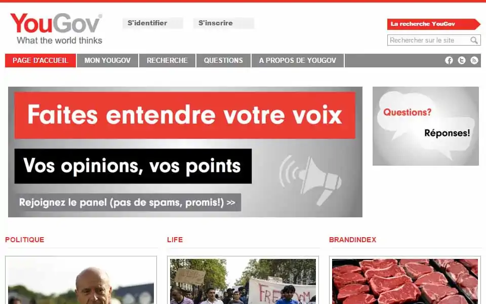 YouGov est un des plus grands instituts de sondage au monde. Nous réalisons des sondages en ligne depuis 2000. Rejoignez un communauté de près de 3 millions de personnes à travers le monde en participant à des sondages et faites vous entendre!